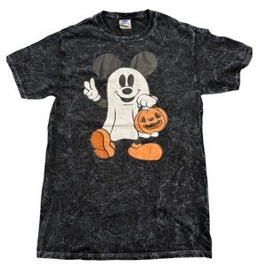 Disney Mickey Mouse Halloween Ghost T-Shirt Black Acid Wash Graphic Tee